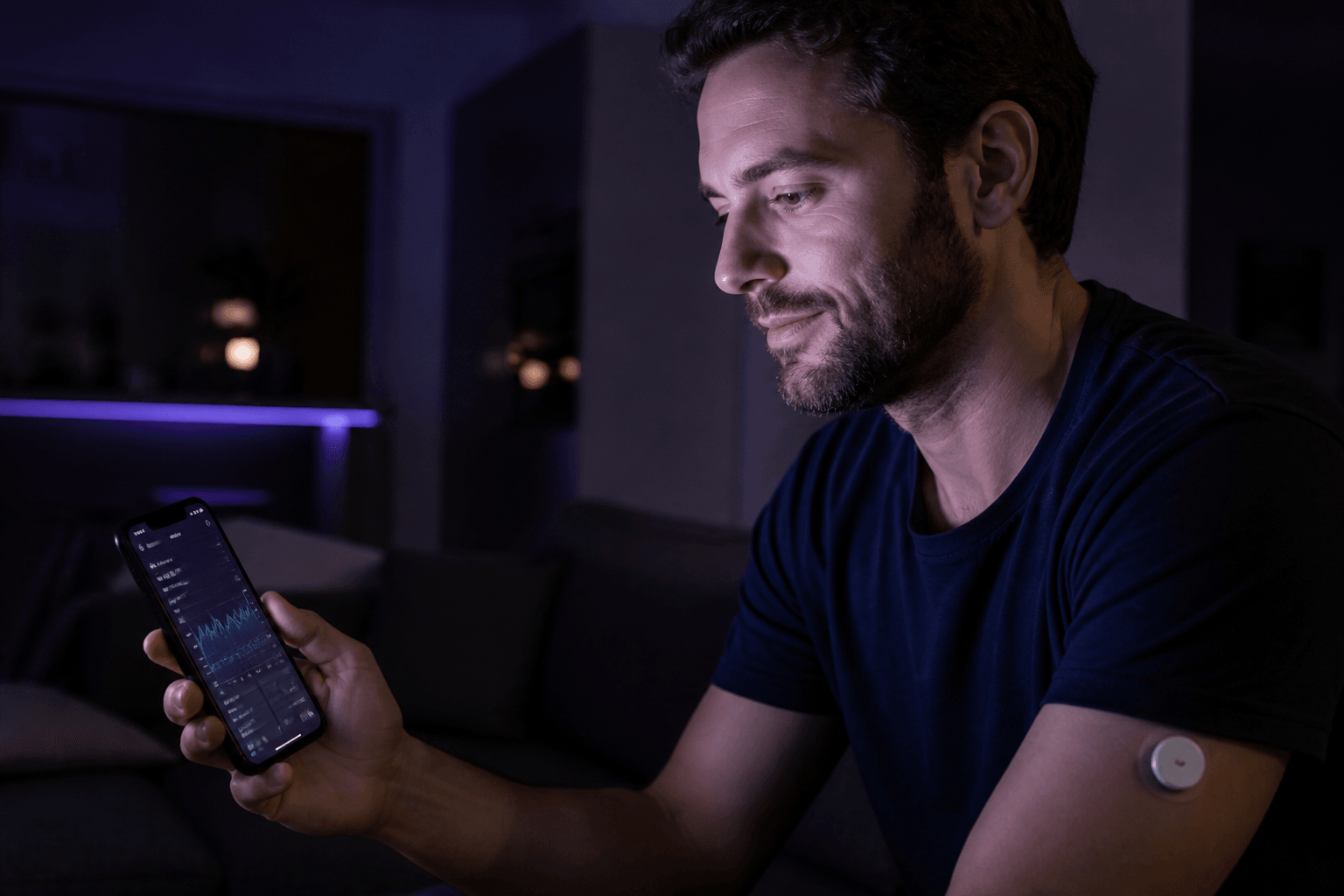 Man reviewing his GlucorAI timeline with connected glucose and insulin data