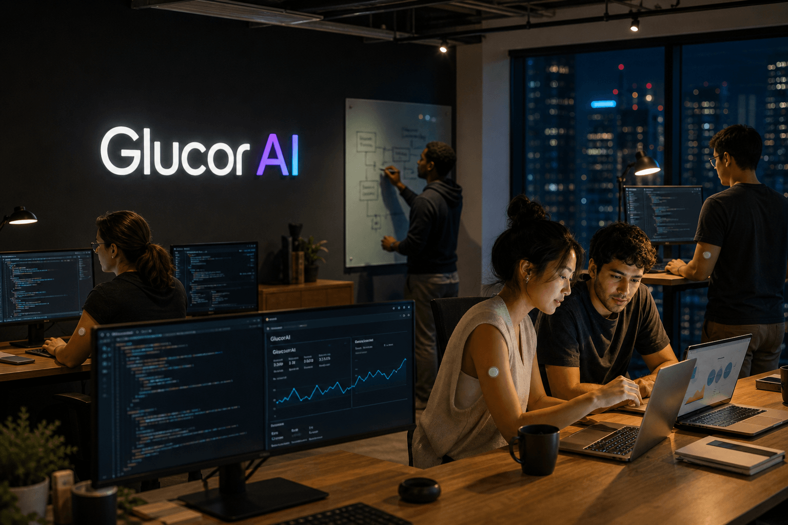 The GlucorAI office — team coding beneath the GlucorAI wordmark on the wall