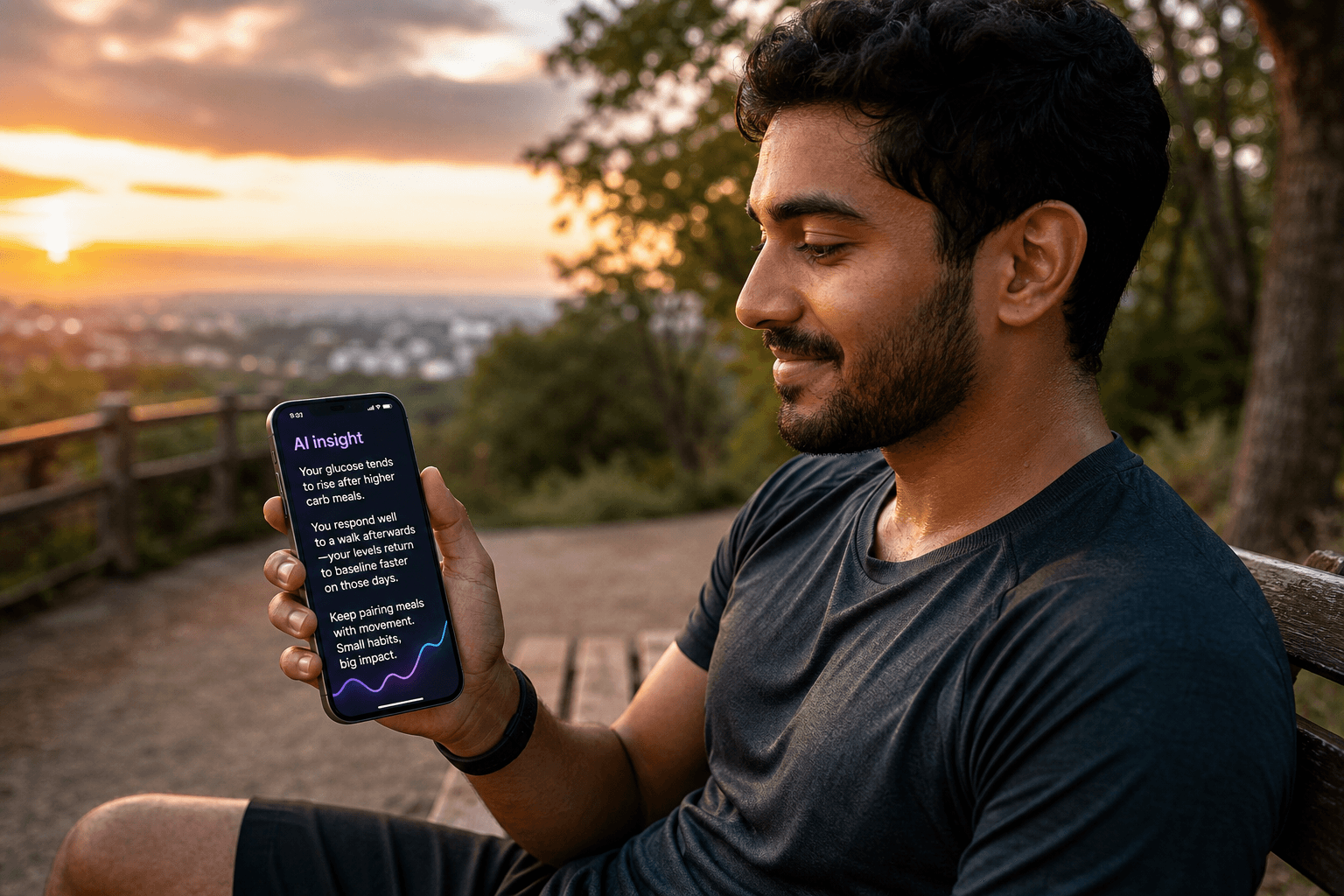Person outdoors reviewing a GlucorAI AI insight about glucose patterns after meals and activity