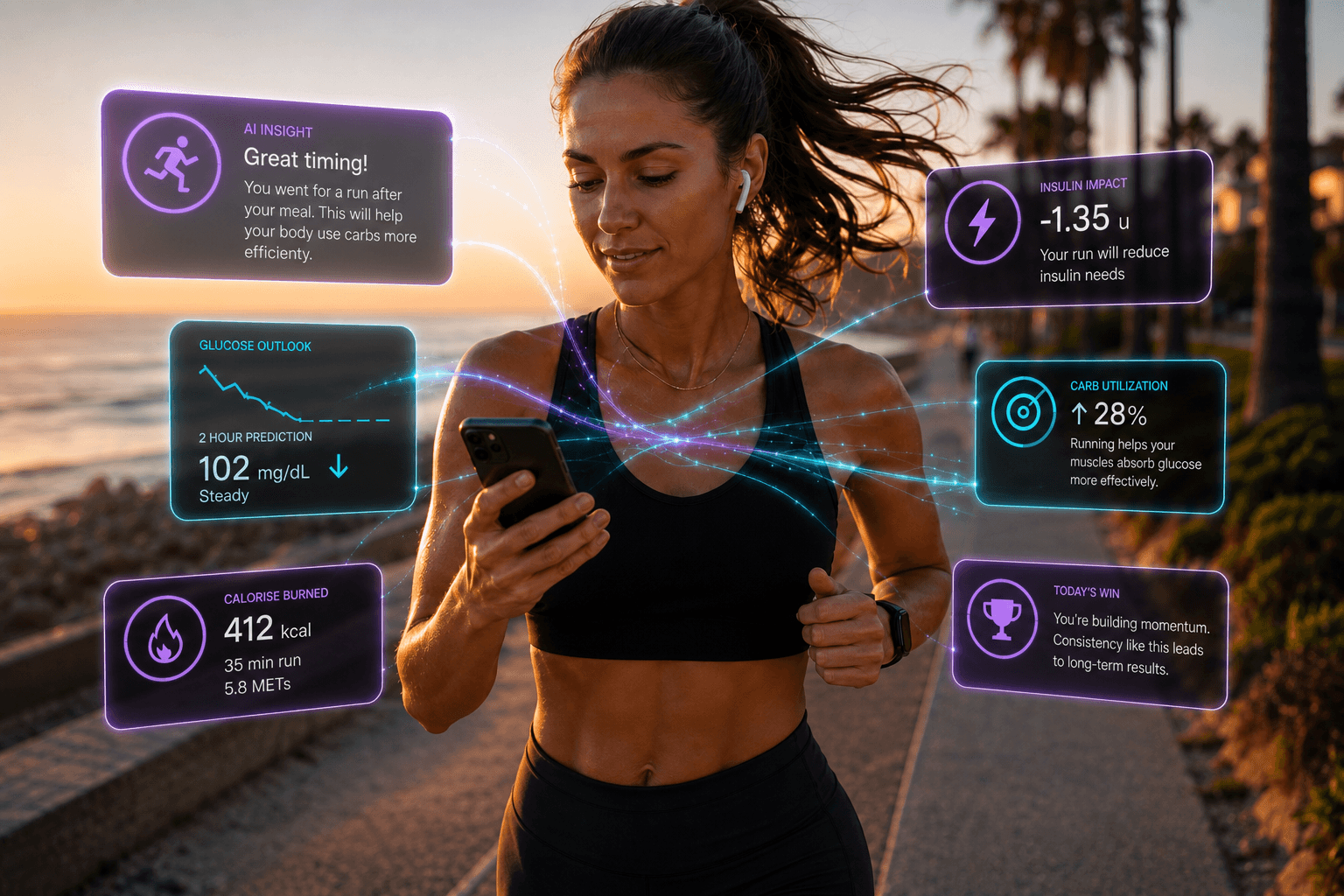 Runner using GlucorAI with AI insights about activity and glucose response