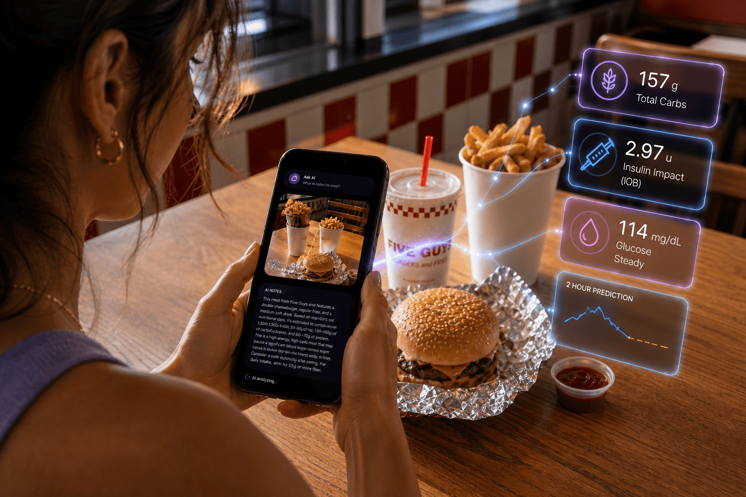 Dining out with GlucorAI meal analysis and insulin impact estimates