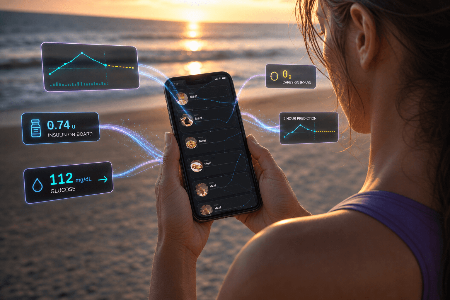 Person on a beach at sunset reviewing GlucorAI with live glucose, insulin, and prediction overlays