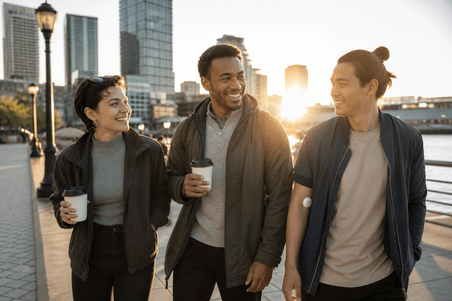 People walking together at sunrise — the everyday life GlucorAI aims to improve