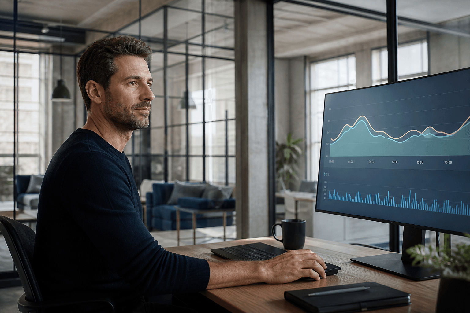 Founder reviewing glucose intelligence dashboards in a modern loft office