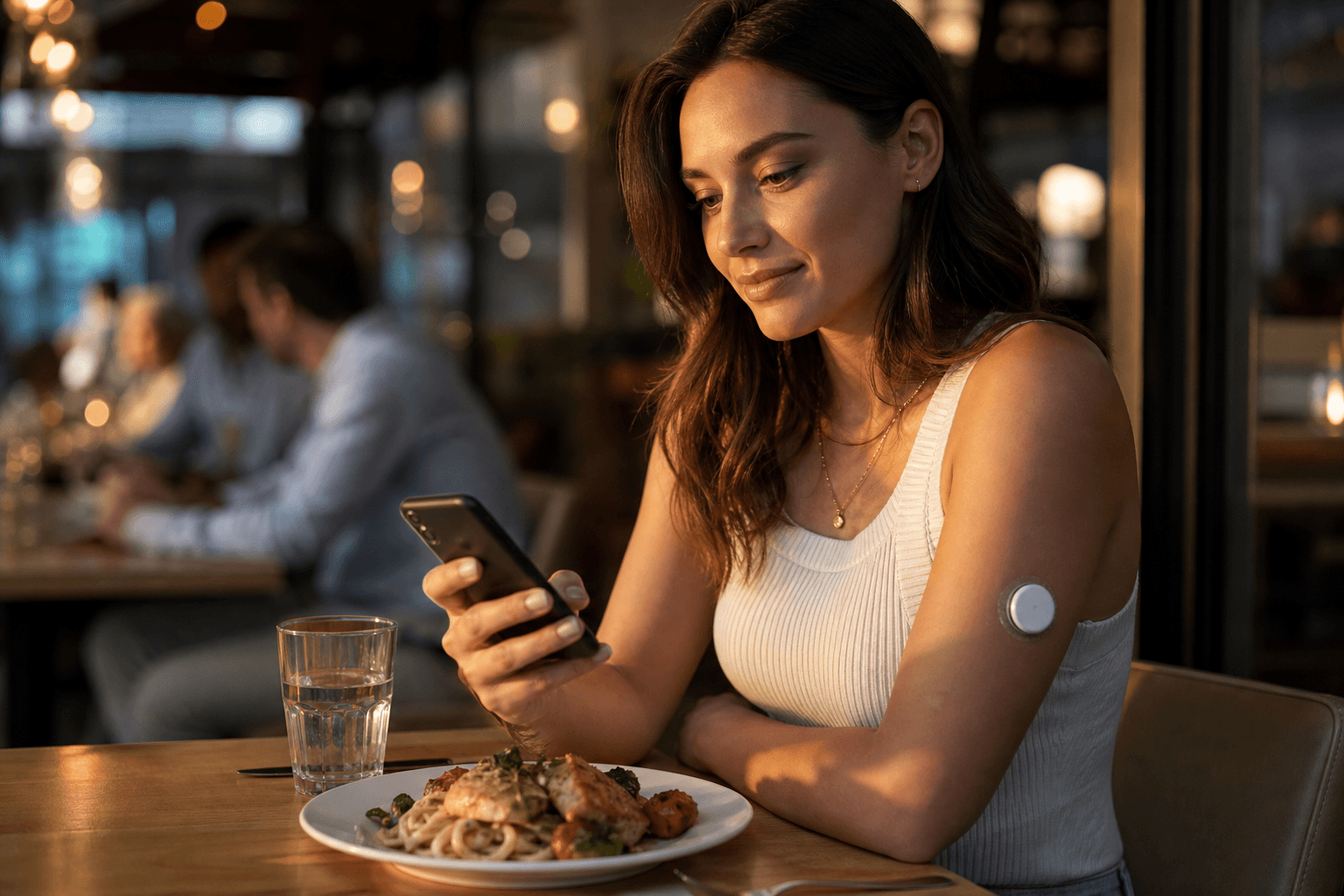 Woman dining out with a CGM on her arm, checking meal context on her phone